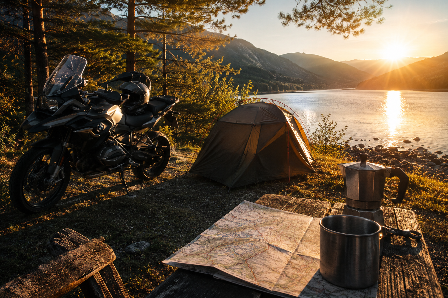 Motor met tent en koffie aan een meer bij zonsondergang