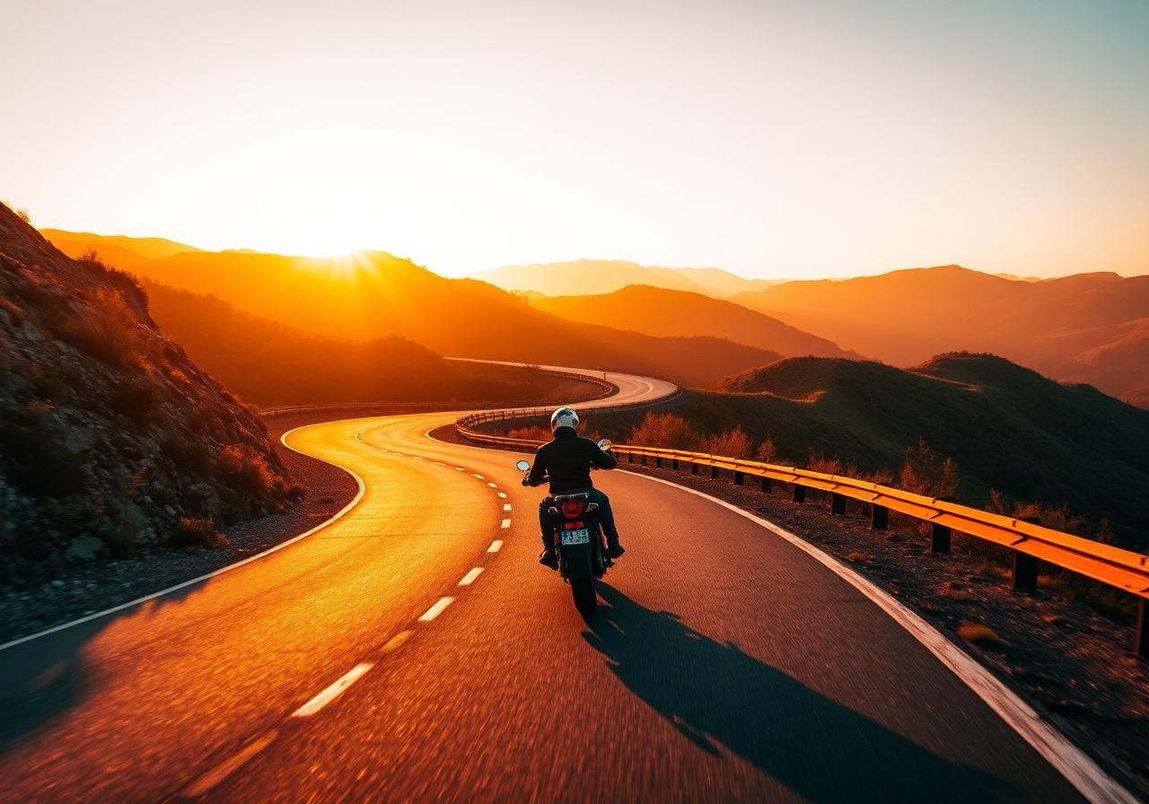 Motorrijder op een bochtige weg bij zonsondergang